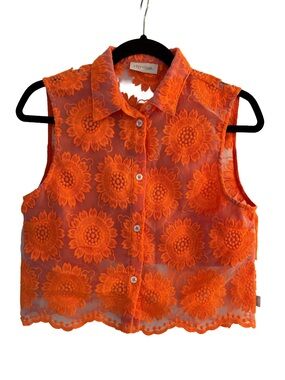 RHYTHM Orange Sunflower Embroidered Lace Button Down Crop Top - Size S